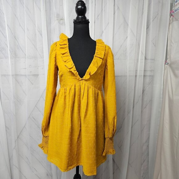 Tularosa Mustard Peasant Blouse Swiss Dot Ruffle Smocked Tunic Boho S - Picture 1 of 15